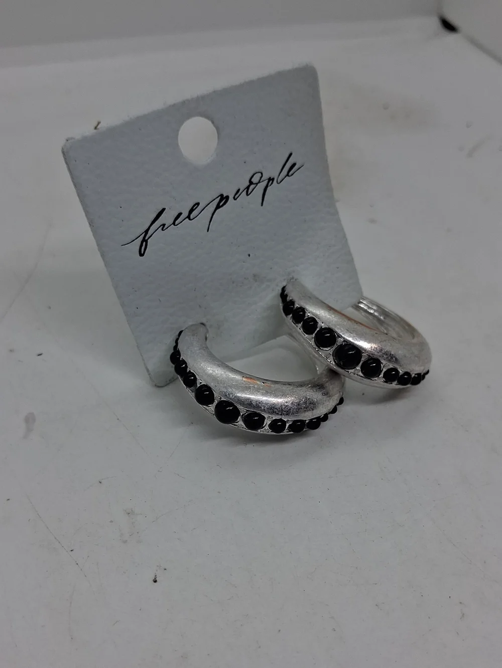 NWT Free People Silver Hoops with Black Gem Accents